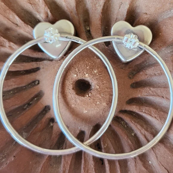 Native American Sterling Silver Turquoise Large Heart Stamped Hoop Earrings - Picture 5 of 7